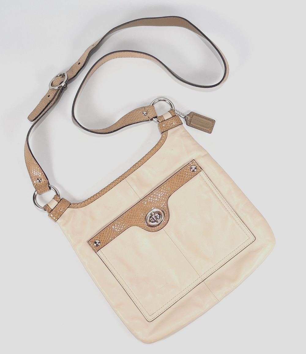 Coach F16533 Penelope Beige Leather Crossbody Bag Turnlock Ivory Snakeskin Purse